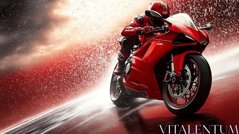 Red superbike slices through rain on a dramatic wet track
