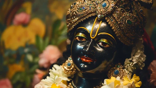Close-up devotional statue with ornate jeweled crown and garlands.