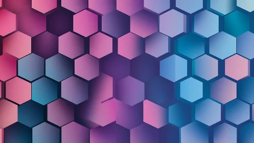 Gradient hexagonal pattern with pink and blue geometric cells.