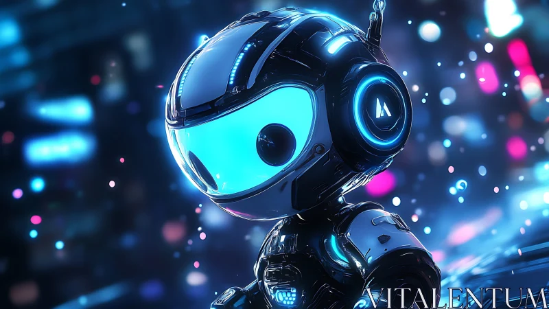 Neon city hatchling bot drifts through pixel-bright night.