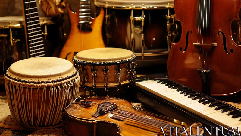 Mixed acoustic and percussion instruments in warm lighting.