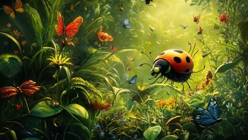 Curious ladybug explores a glowing garden of butterflies