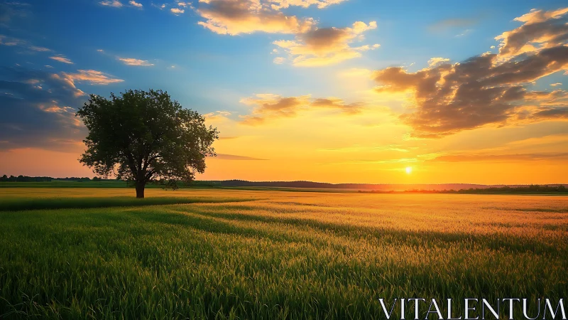 Photorealistic lone tree in panoramic wheatfield sunset composition.