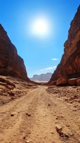Sunburned canyon road under a fierce desert haloed sun.