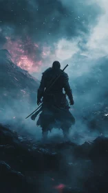 Lone warrior strolling through misty volcanic twilight.