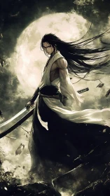 Moonlit swordsman silhouette with dynamic flowing garments.