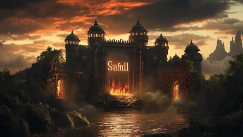 Fiery fantasy citadel gate glows under a stormy sunset sky