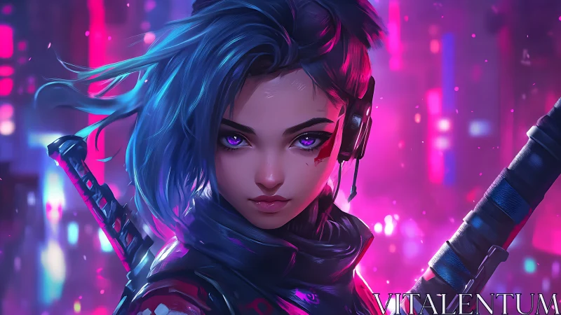 Cyberpunk girl with katana stands in neon city lights