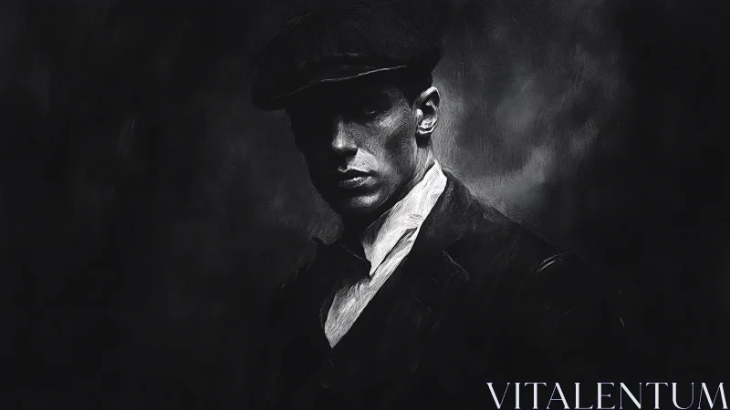 Monochrome digital portrait with chiaroscuro noir styling.