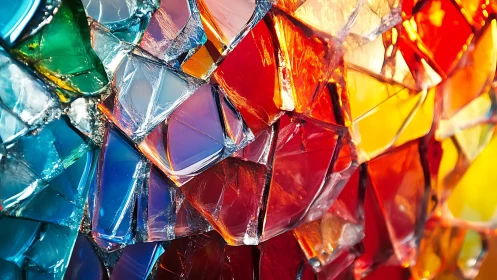 Shattered stained glass glows in vivid rainbow fragments.