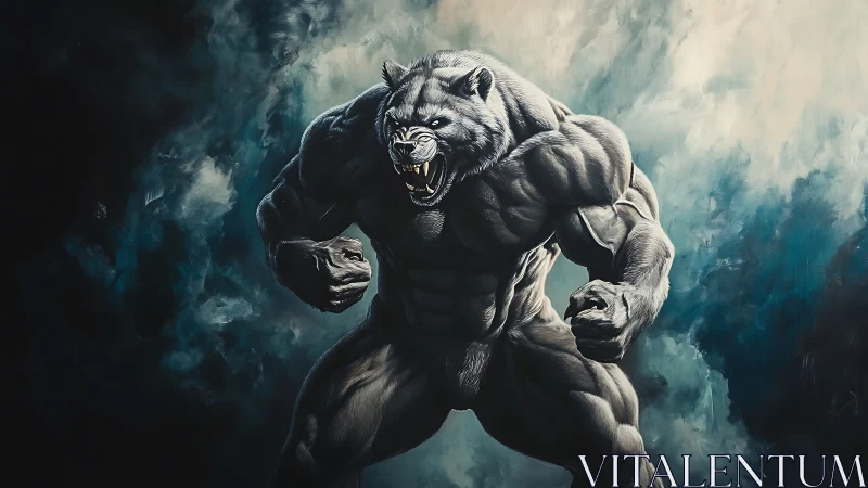 Ferocious werewolf titan roaring amid stormy teal haze.