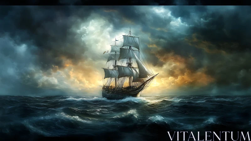 Digital painting of storm-tossed galleon in chiaroscuro seascape.