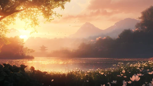 Sunlit lakeside pagoda under glowing misty mountains.