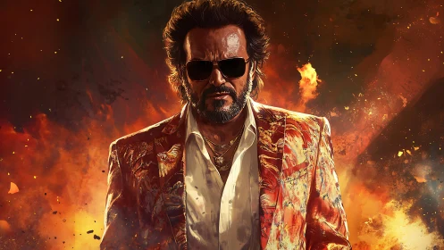 Digital painting portrait of defiant man in blazing inferno backdrop.