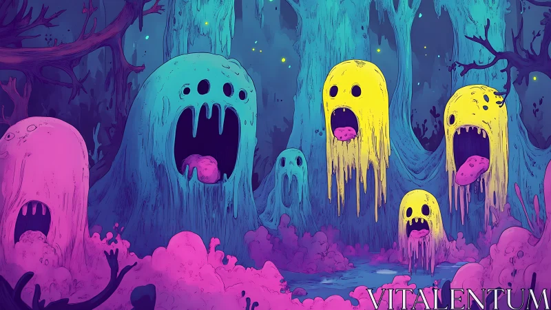 Dripping ghost creatures float in neon swamp forest