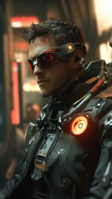 Cybernetic operative gazes ahead in neon-lit corridor.