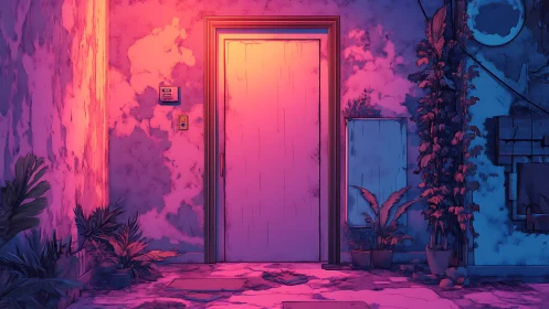 Neon threshold of plants and peeling midnight plaster.