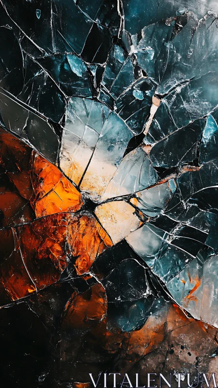 Shattered colored glass with vivid teal and orange fragments.