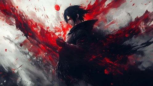 Brooding anime warrior in red-black energy vortex burst