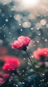 Pink rose in rain, bokeh-enhanced depth of field photography.