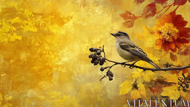 Perched Bird on Berry Branch Against Golden Atmospheric Background