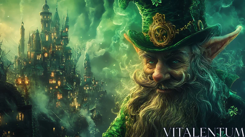 Emerald leprechaun close-up with illuminated gothic citadel backdrop.