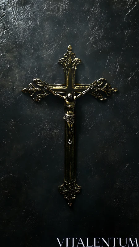 Quiet golden crucifix rests gently on a dark textured wall