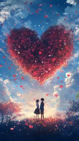 Luminous Heart Suspended in Sky Above Silhouetted Couple Below