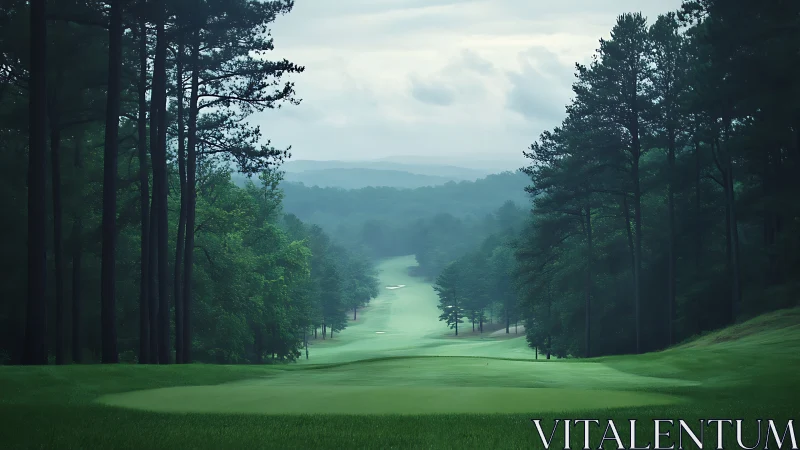 Foggy tree-lined golf fairway receding into distance.