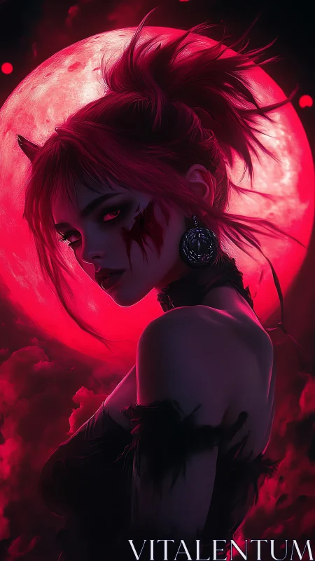 Blood-moon demoness gazes back through crimson stormlight.