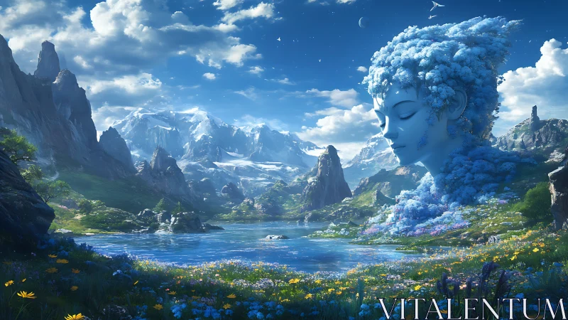 Sleeping sky goddess blossoms into a crystalline valley dream