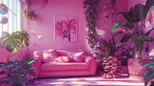 Soft pink sofa nestles among lush indoor plants and sunlight
