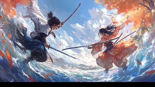 Samurai duel on water under bright sky and autumn trees.