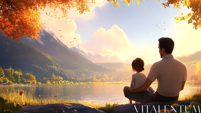 Father and daughter share a tranquil lakeside autumn sunset.