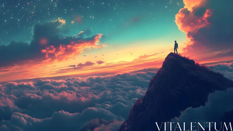 Solitary figure above clouds under iridescent twilight sky.