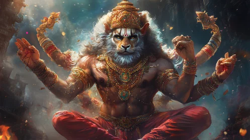 Divine lion-headed warrior deity in blazing cosmic aura.