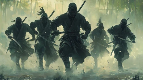 Masked ninja warriors charge forward through misty forest.