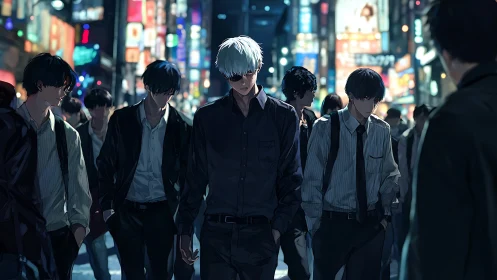 White haired anime man in dark neon city crowd at night.