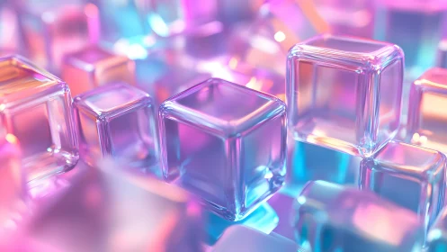 Iridescent glass cubes glow in neon gradient light field.