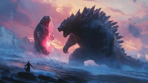 Colossal kaiju confrontation across glacial ocean horizon.