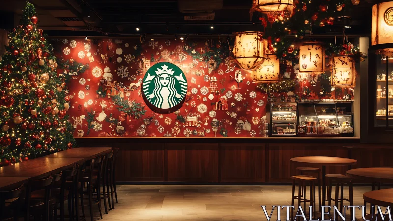 Starbucks café glows with warm festive Christmas décor.