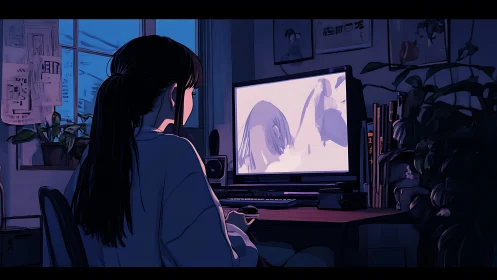 Person at desk viewing illuminated monitor in dim room.