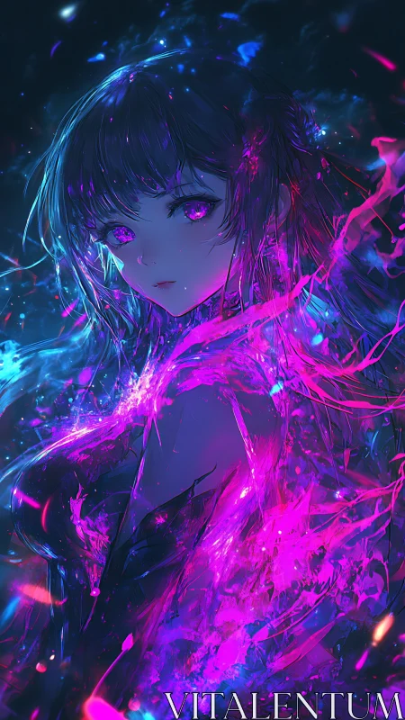 Neon spectral girl amid swirling magenta energy shards.