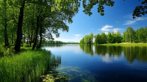 Lakeside forest basks in clear summer light and reflections.