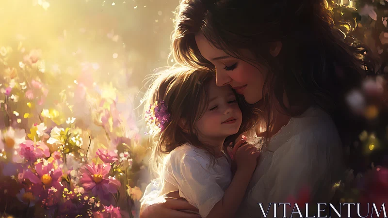 Mother and child embrace closely in a soft glowing meadow
