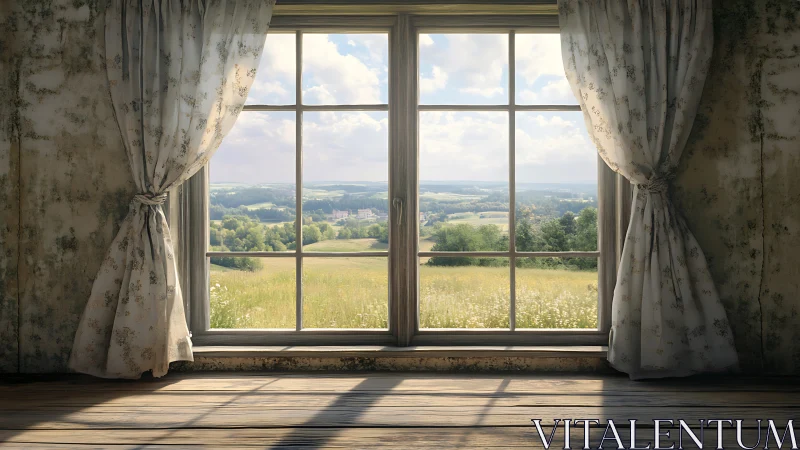 Sunlit countryside framed by a quiet, timeworn window.