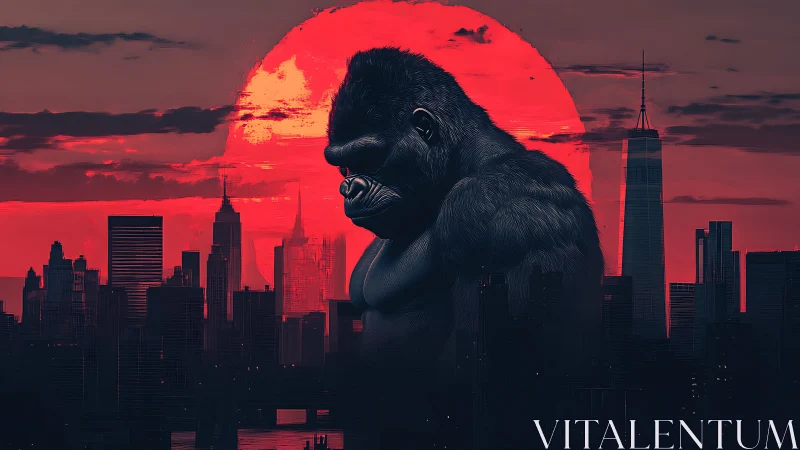 Colossal gorilla silhouette dominates neon red urban sunset