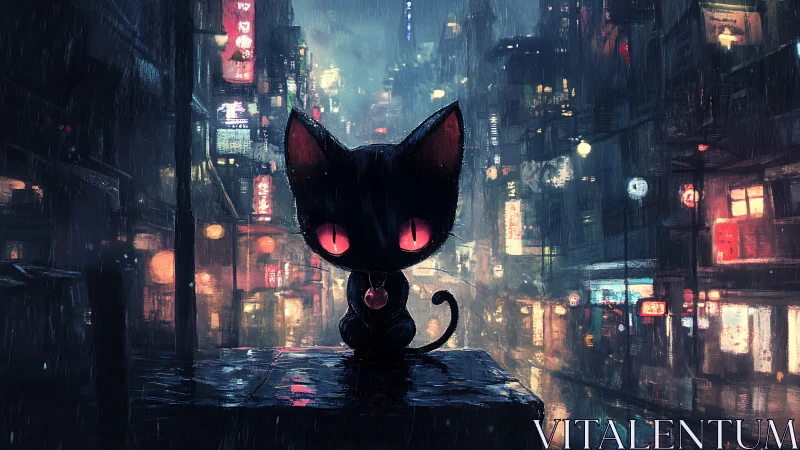 Black cat with glowing eyes in neon soaked rainy city