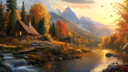 Mountain cabin by autumn river under warm sunset light.