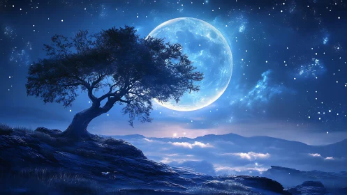 Lone wind‑shaped tree silhouetted against oversized lunar disk.